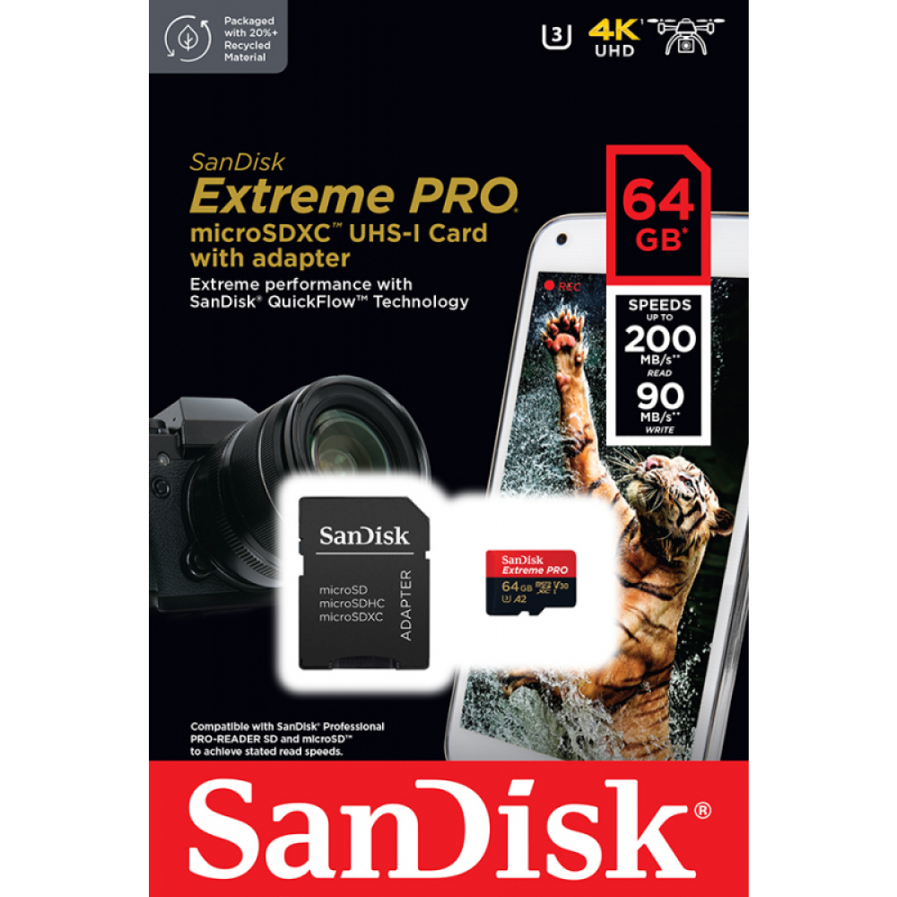 Карта памяти SanDisk Extreme PRO microSDXC, UHS-I U3 V30 A2, 64GB + SD Adapter